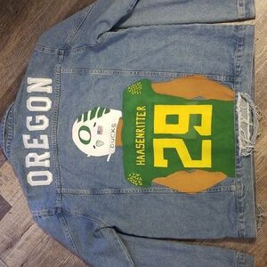 Oregon Ducks Haasenritter Jean Jacket size medium Hand Painted Green Yellow
